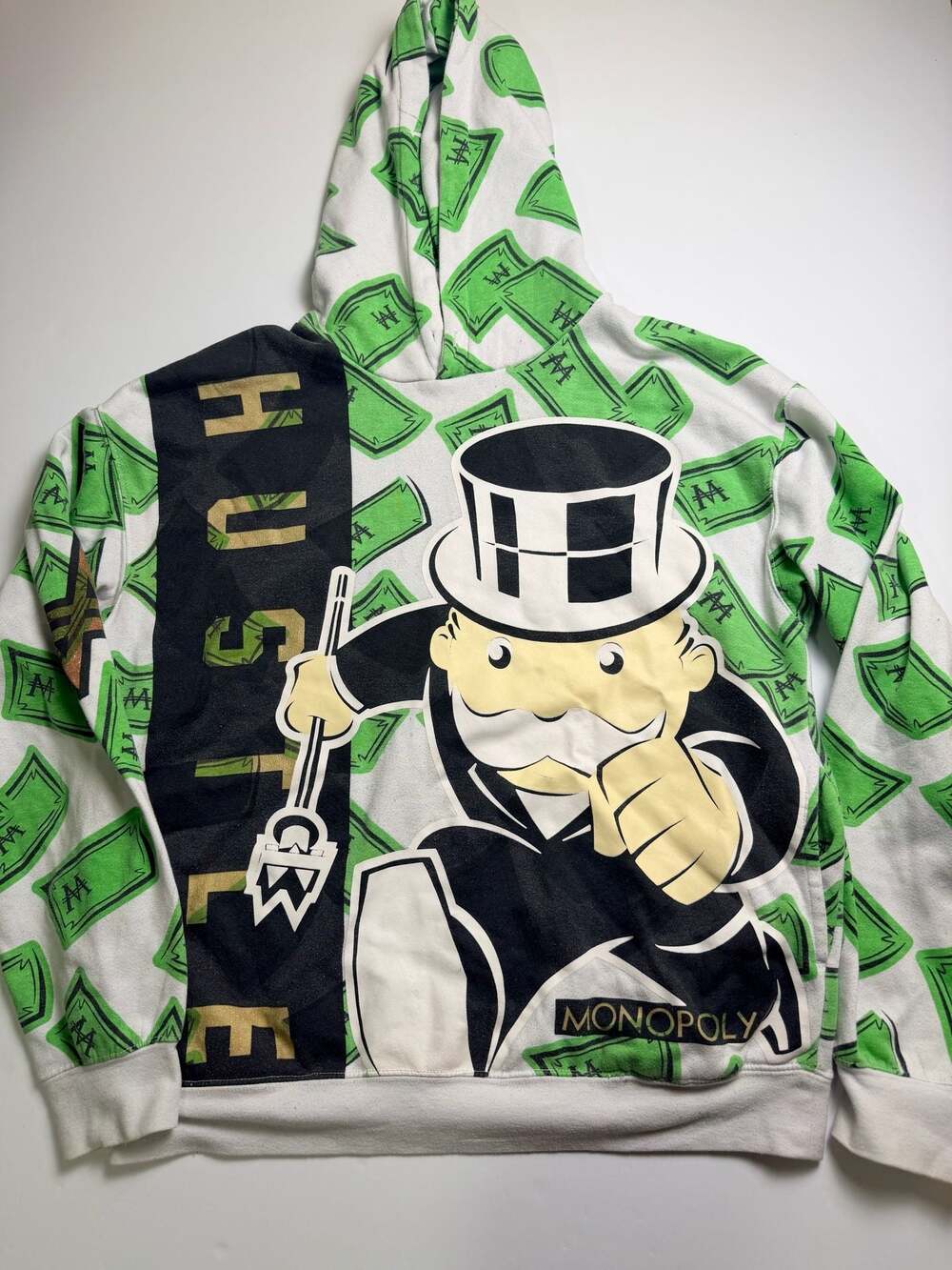 Monopoly Hustle Mr Monopoly Dollar Bill Print Graphic Pullover Hoodie Sz Large